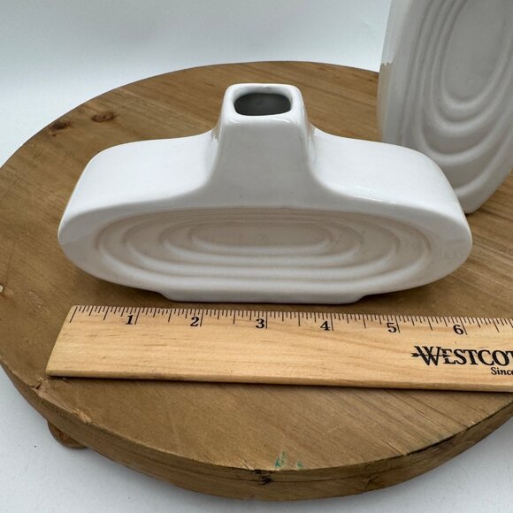 3 Vintage MCM Art Deco Oval Repeating Ring Bud Vases Marked Bottom White *READ* - Picture 15 of 16